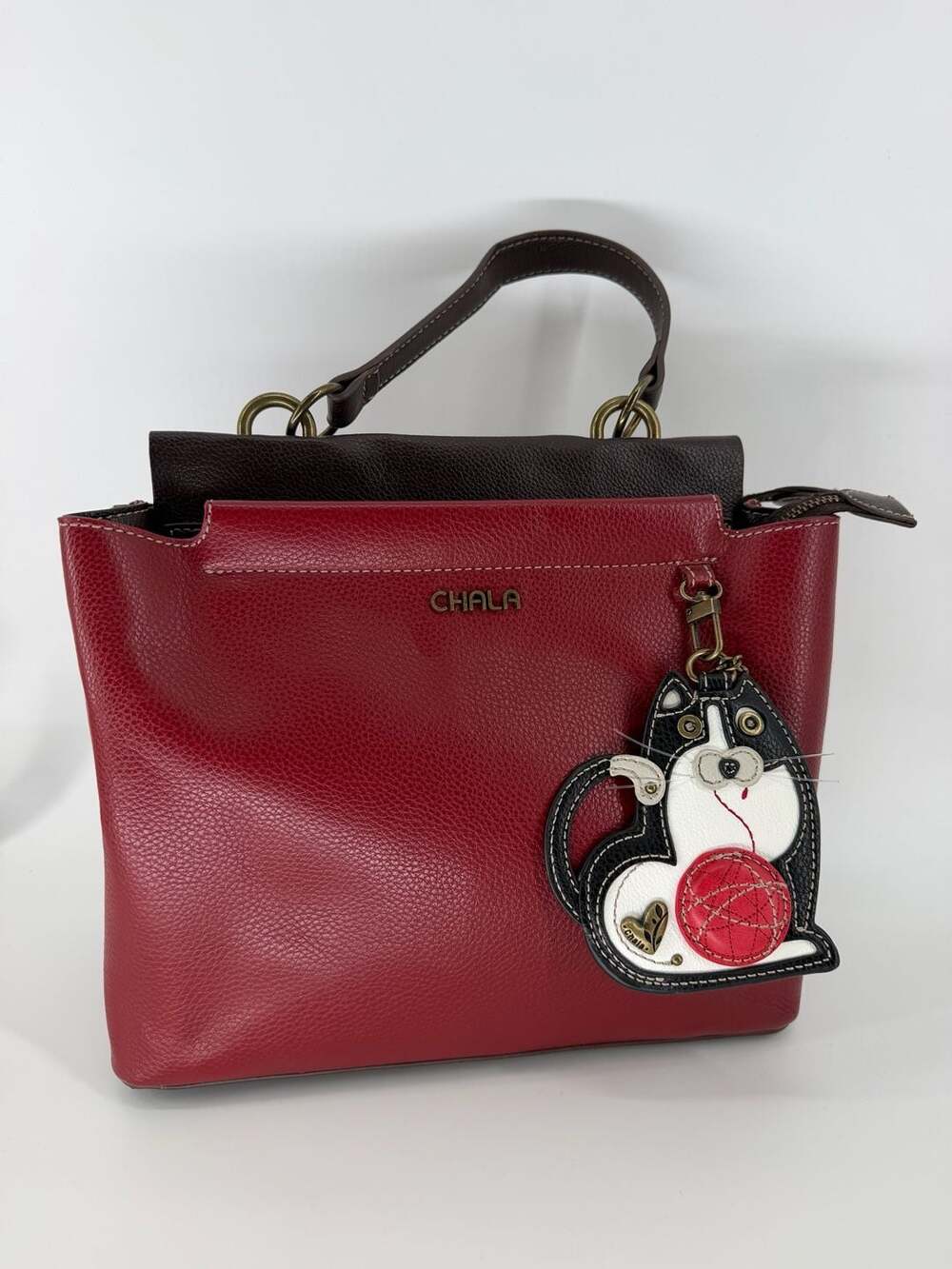 CHALA Burgundy Satchel Handbag Fat Cat Coin Purse Charm Whimsical Purse